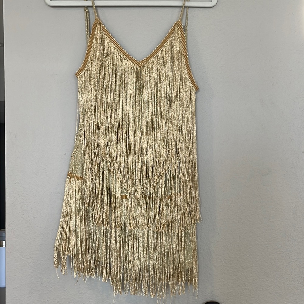 Gold fringe open back mini dress - size medium
